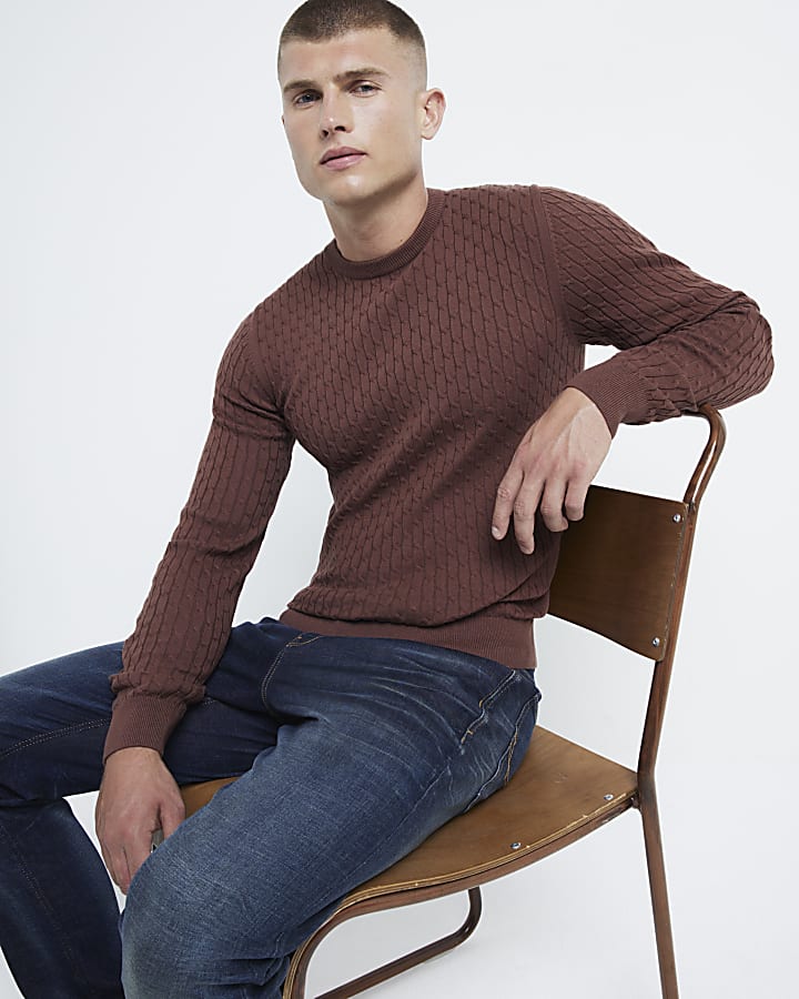 Brown muscle fit cable knitted jumper