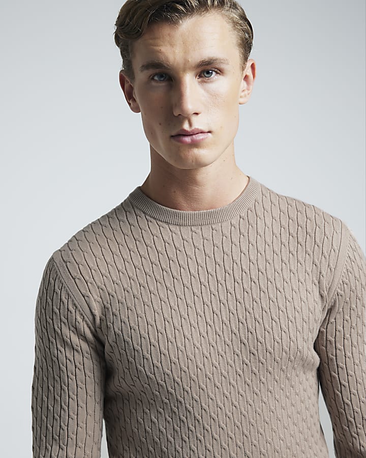 Stone muscle fit cable knitted jumper
