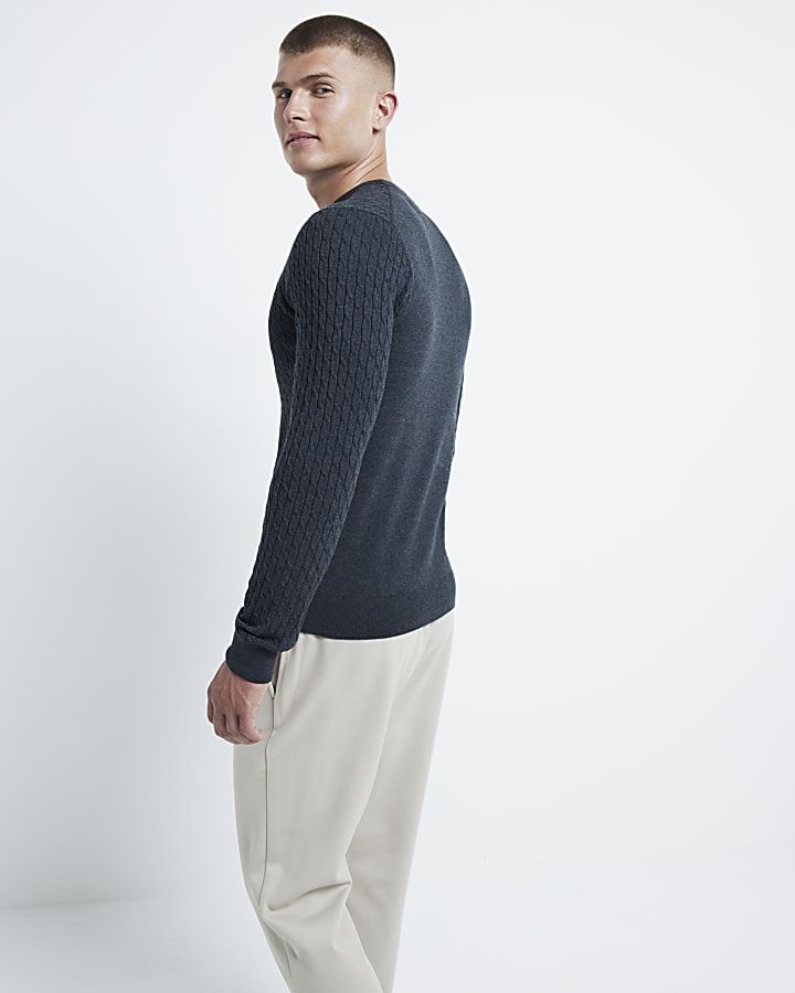 Grey muscle fit cable knit jumper