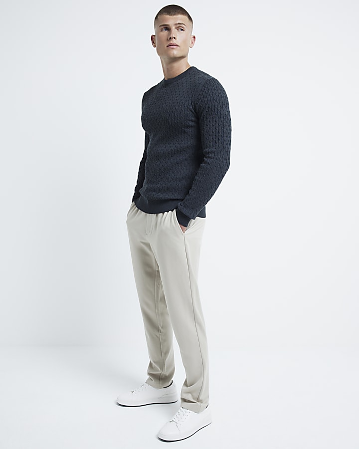 Grey muscle fit cable knit jumper