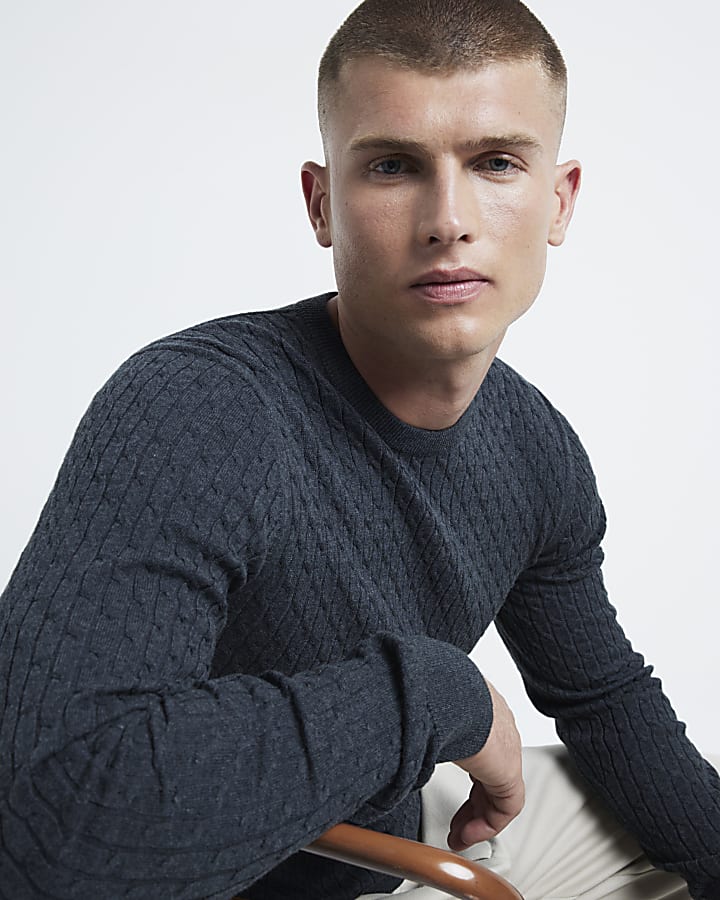 Grey muscle fit cable knit jumper