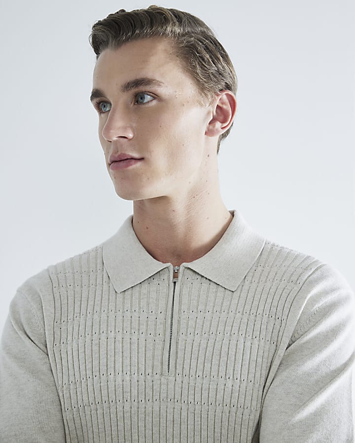 Beige marl Slim Fit stretch textured polo