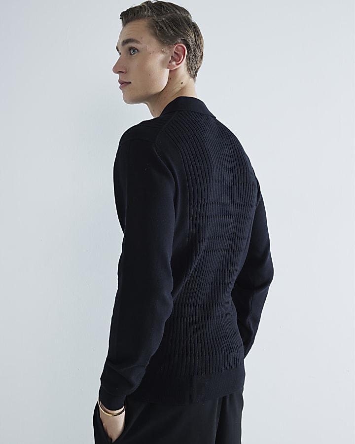 Black slim fit stretch textured knit polo