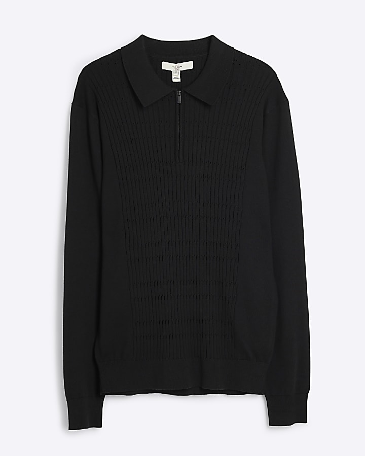 Black slim fit stretch textured knit polo