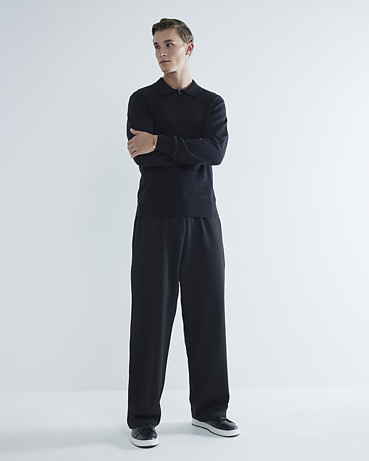 Black slim fit stretch textured knit polo