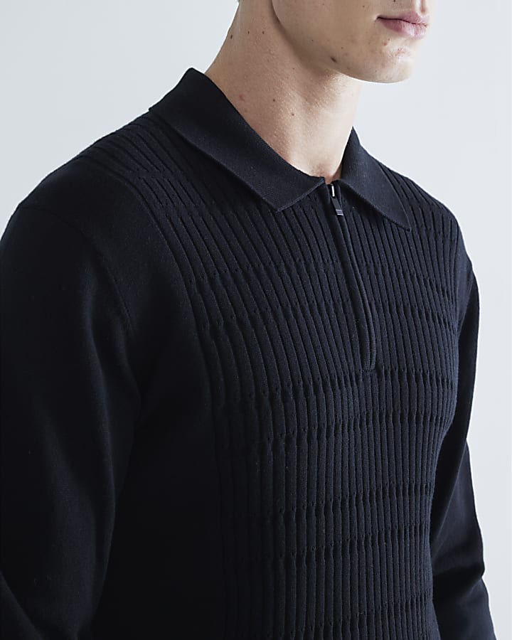 Black slim fit stretch textured knit polo