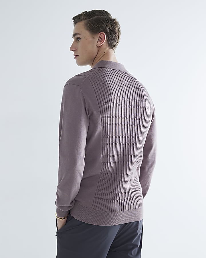 Purple slim fit stretch textured knit polo