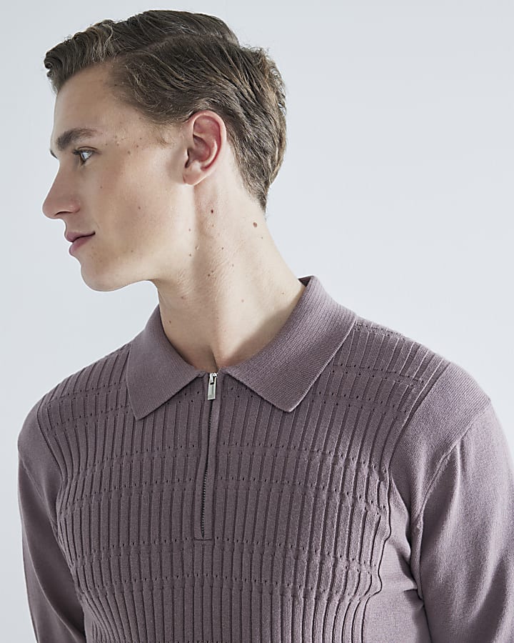 Purple slim fit stretch textured knit polo