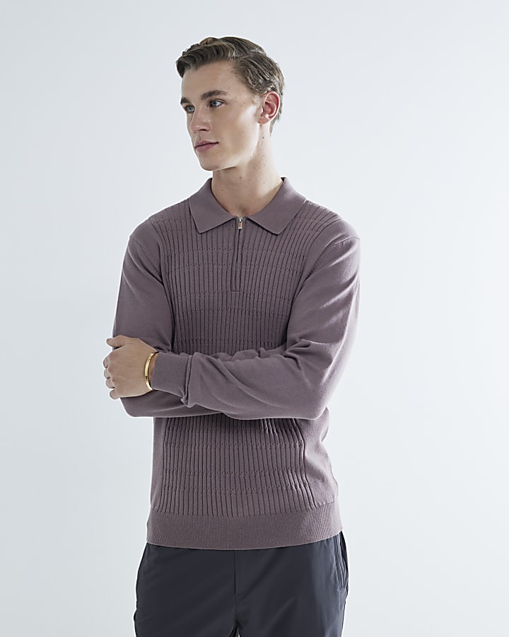 Purple slim fit stretch textured knit polo