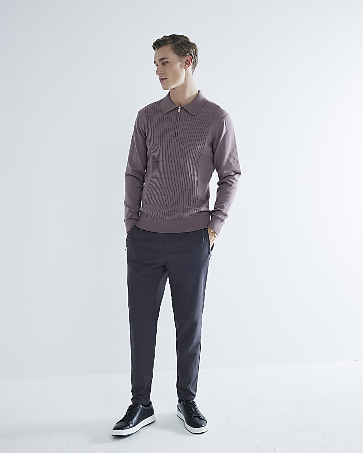 Purple slim fit stretch textured knit polo