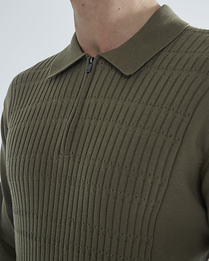 Khaki slim fit stretch textured knit polo