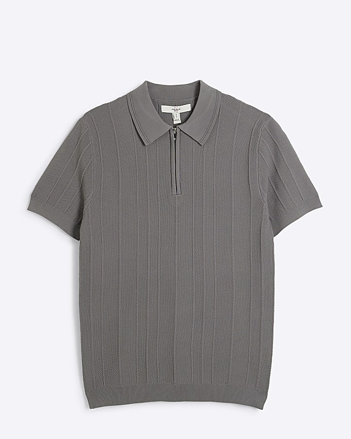 Grey muscle fit herringbone knit polo