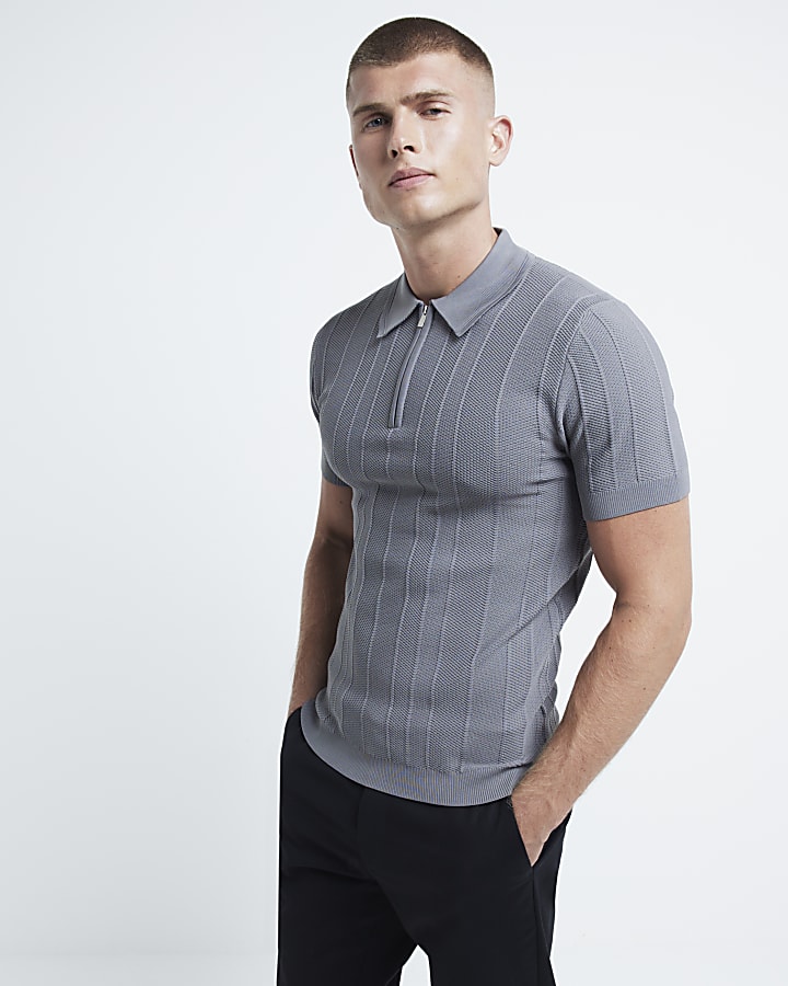 Grey muscle fit herringbone knit polo