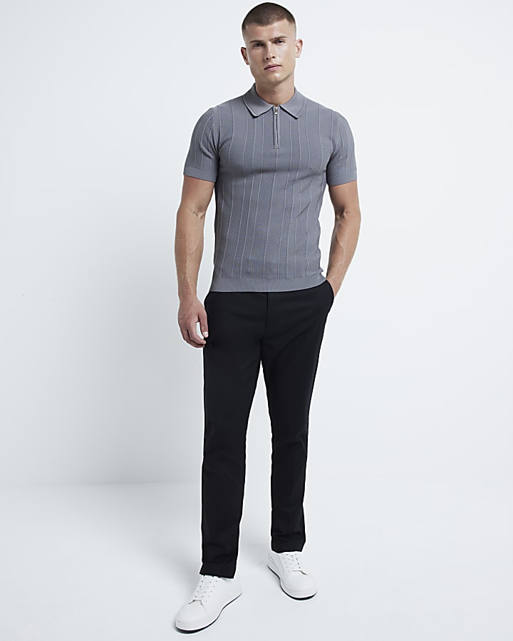 Grey muscle fit herringbone knit polo