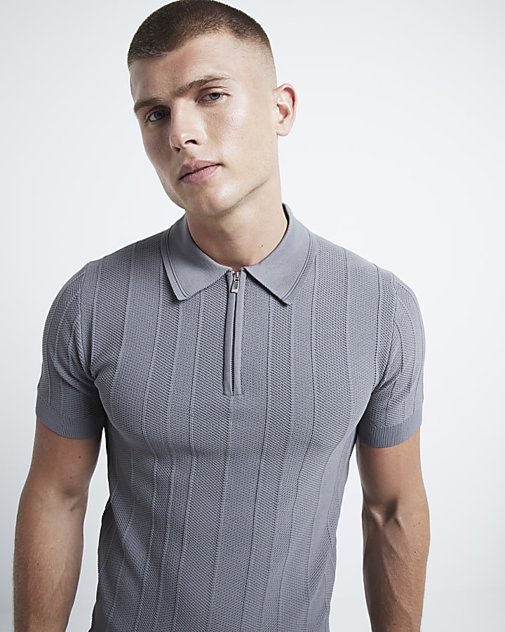 Grey muscle fit herringbone knit polo