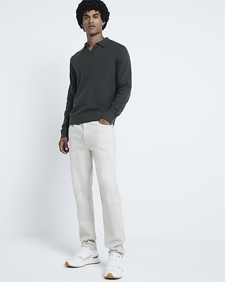 Khaki Textured Slim Fit Polo Jumper