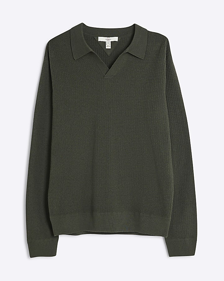 Khaki Textured Slim Fit Polo Jumper