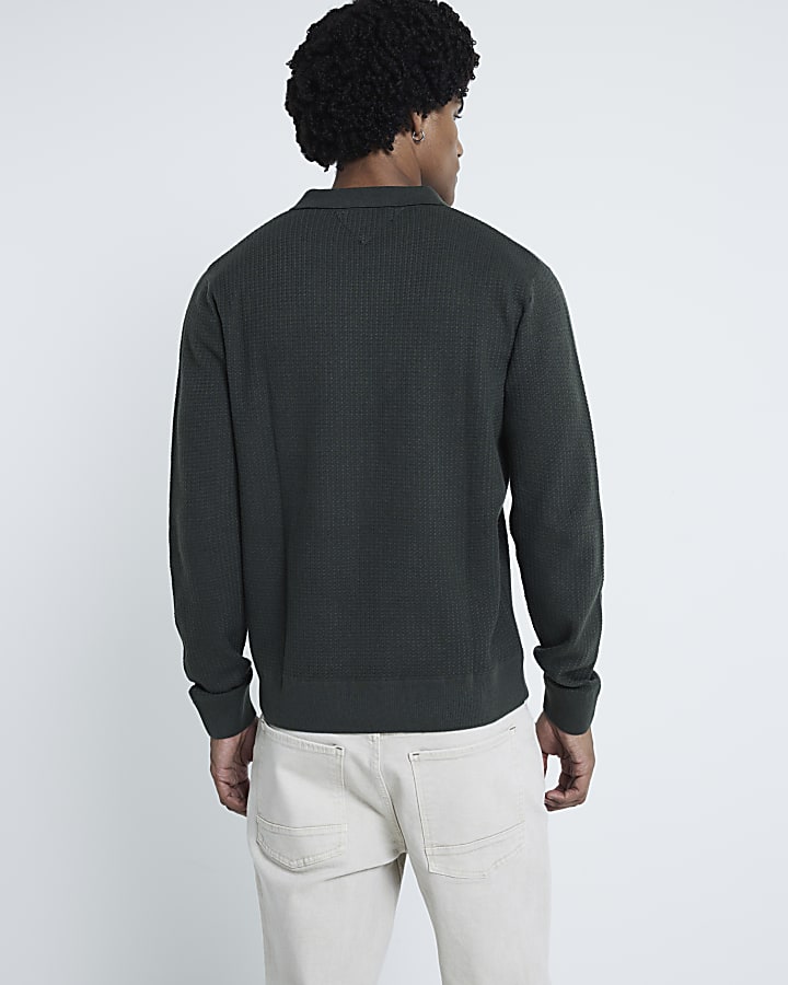 Khaki Textured Slim Fit Polo Jumper