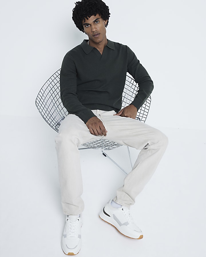 Khaki Textured Slim Fit Polo Jumper