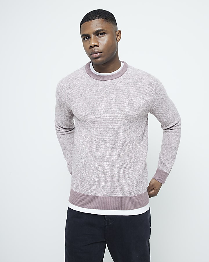 Purple Slim Fit Waffle Crew Neck Jumper