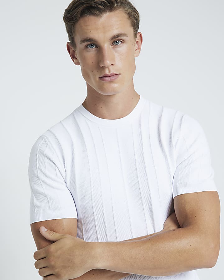 White muscle fit herringbone t-shirt