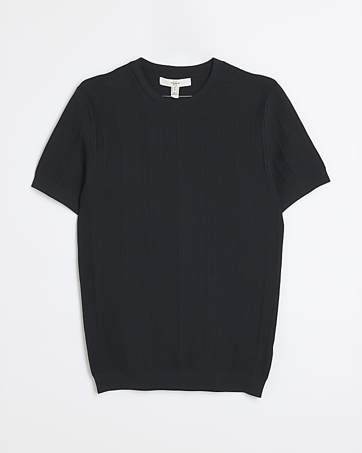 Black muscle fit herringbone knit t-shirt