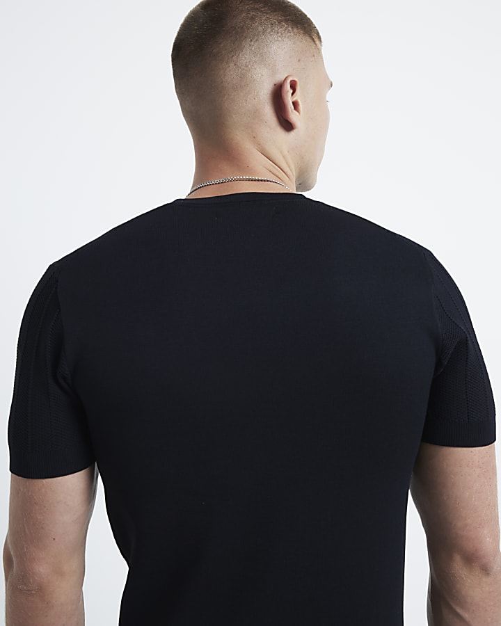 Black muscle fit herringbone knit t-shirt