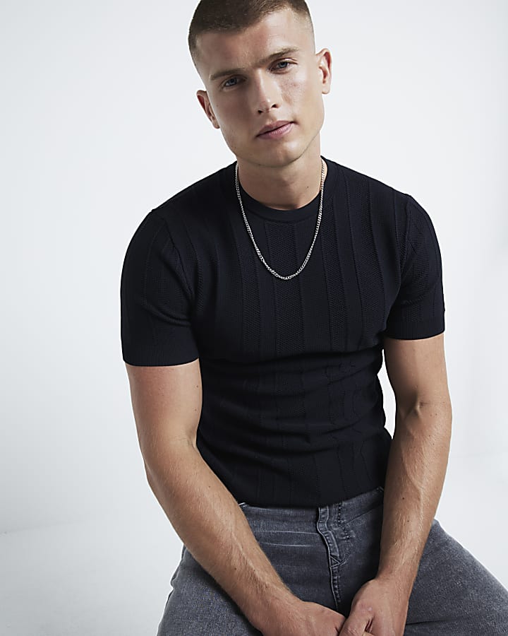 Black muscle fit herringbone knit t-shirt