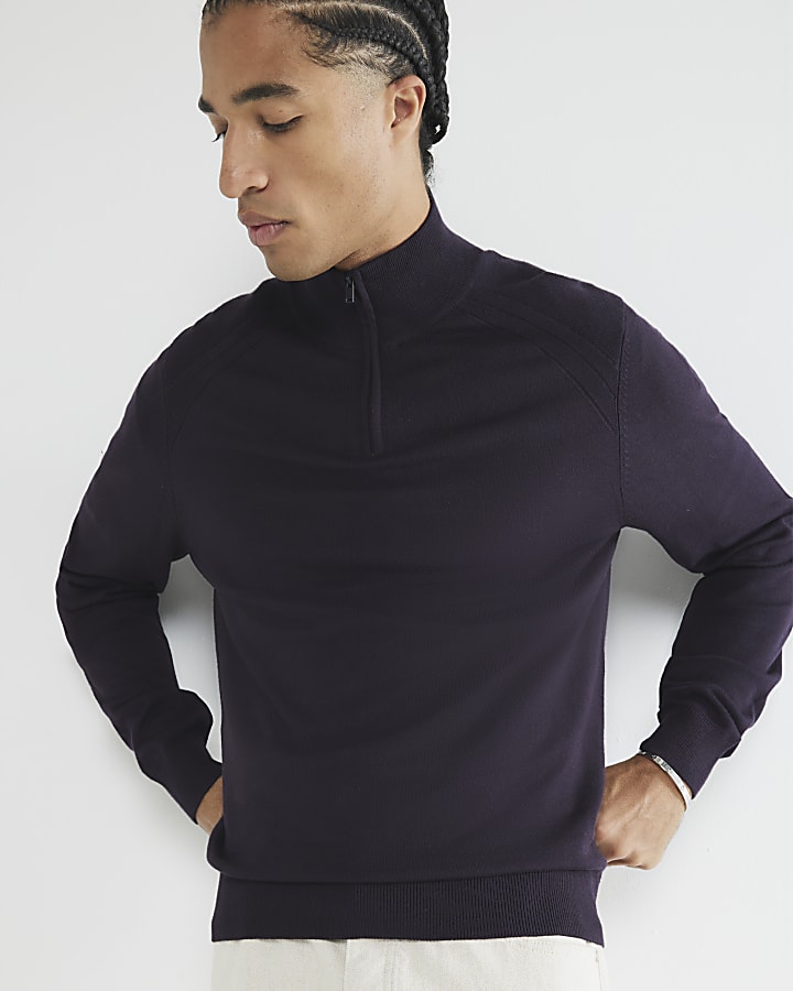 Navy Slim Fit Half Zip Jumper