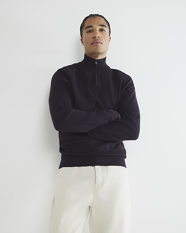 Navy Slim Fit Half Zip Jumper