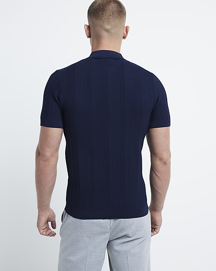Navy muscle fit herringbone knit polo