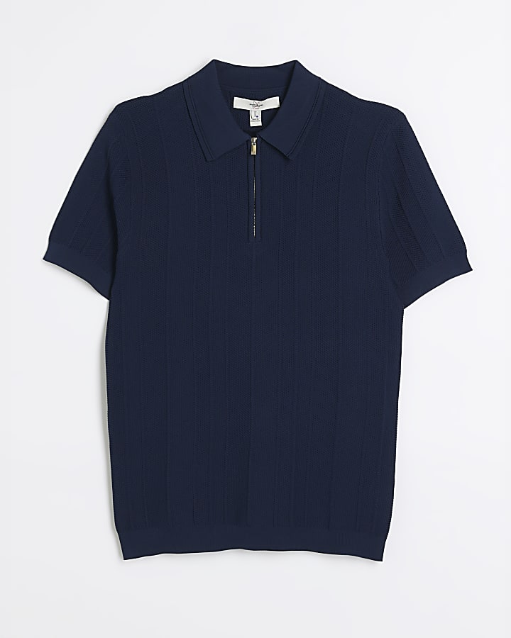 Navy muscle fit herringbone knit polo