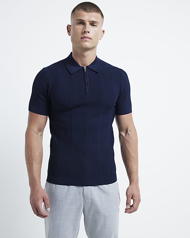 Navy muscle fit herringbone knit polo