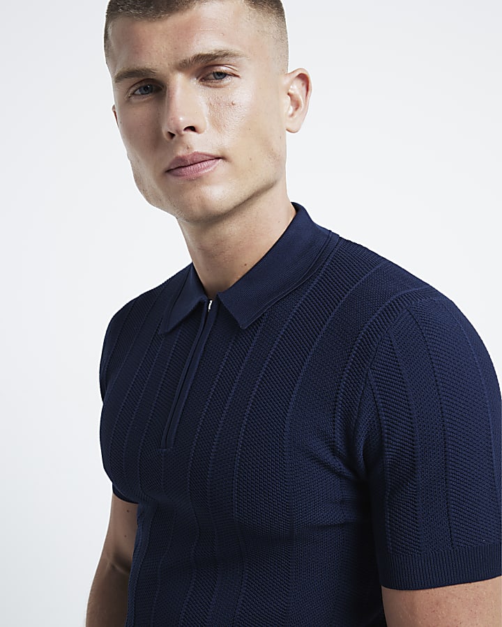 Navy muscle fit herringbone knit polo