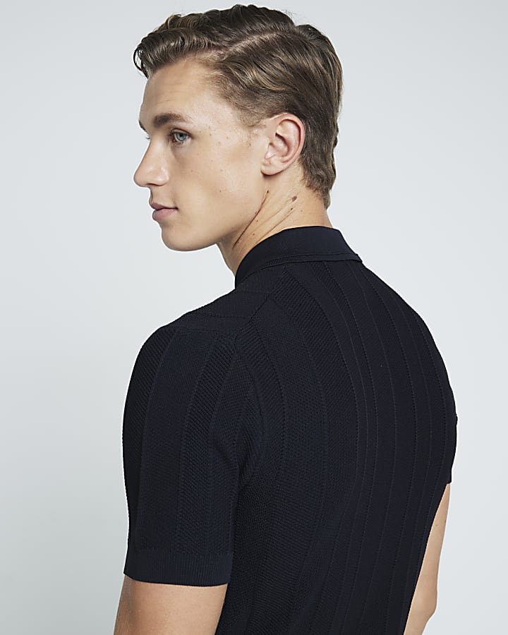 Black muscle fit herringbone polo shirt