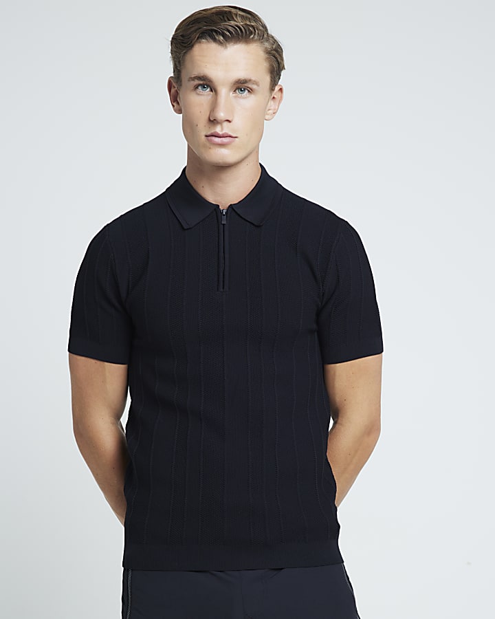 Black muscle fit herringbone polo shirt