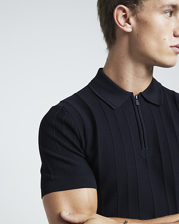Black muscle fit herringbone polo shirt