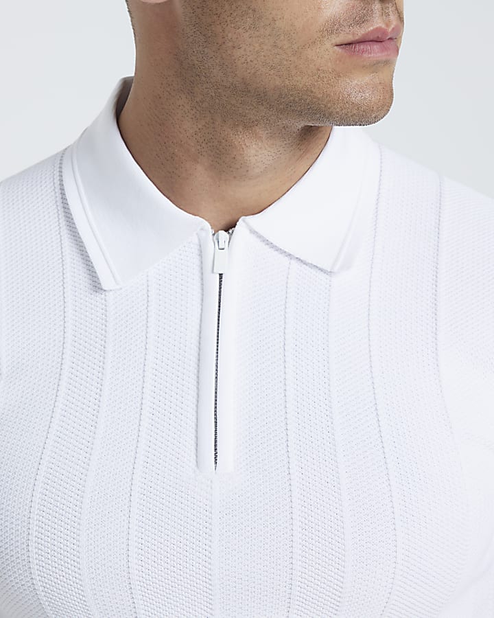 White muscle fit herringbone polo shirt