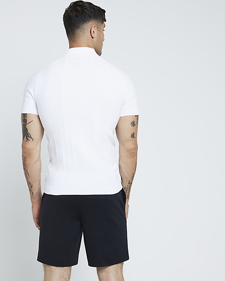 White muscle fit herringbone polo shirt