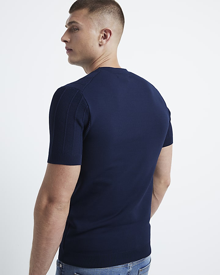 Navy muscle fit herringbone knit t-shirt