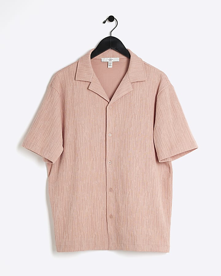 Pink regular fit revere plisse shirt