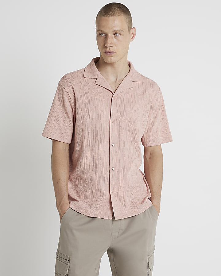 Pink regular fit revere plisse shirt