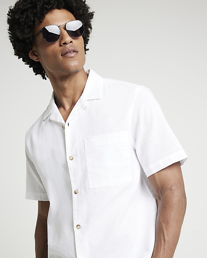 White regular fit linen blend revere shirt