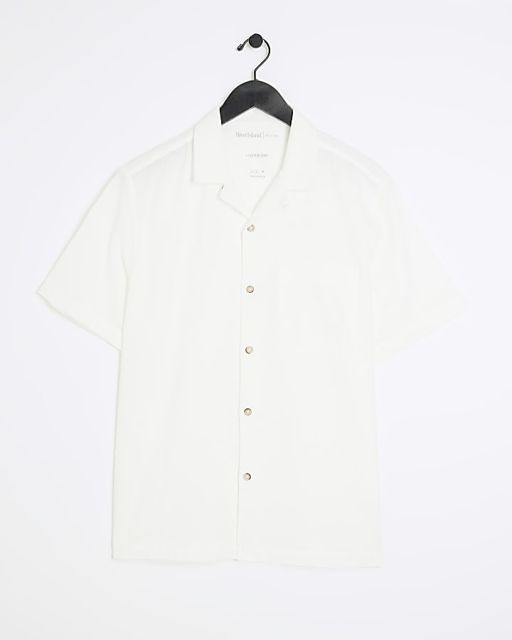 White regular fit linen blend revere shirt