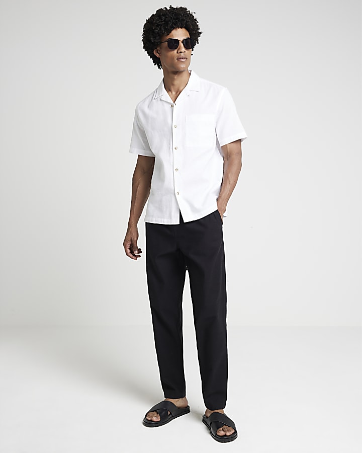 White regular fit linen blend revere shirt