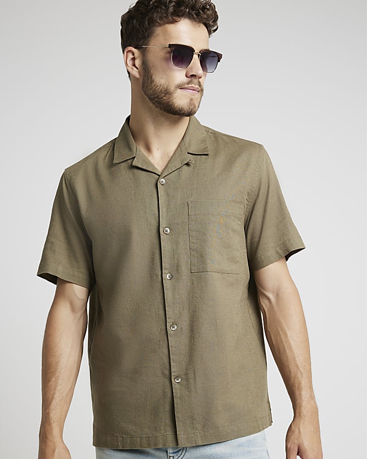 Khaki Regular Fit Linen Blend Revere Shirt