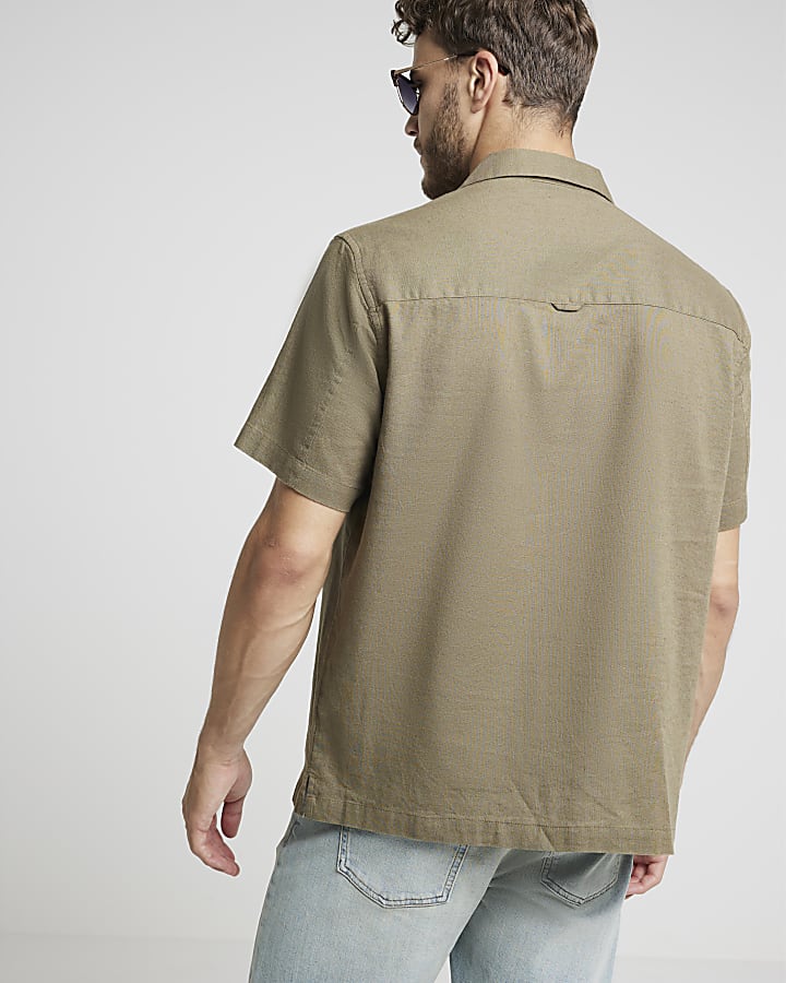 Khaki Regular Fit Linen Blend Revere Shirt