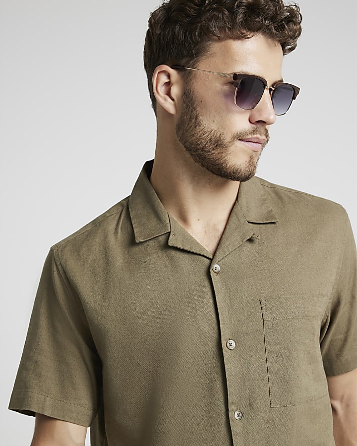 Khaki Regular Fit Linen Blend Revere Shirt