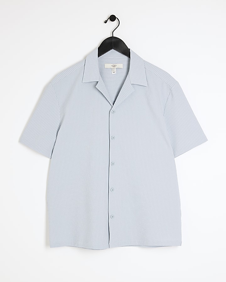 Blue regular fit seersucker revere shirt