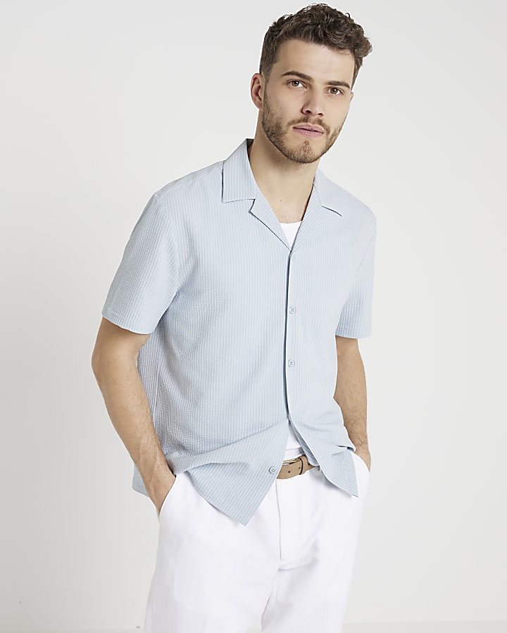 Blue regular fit seersucker revere shirt